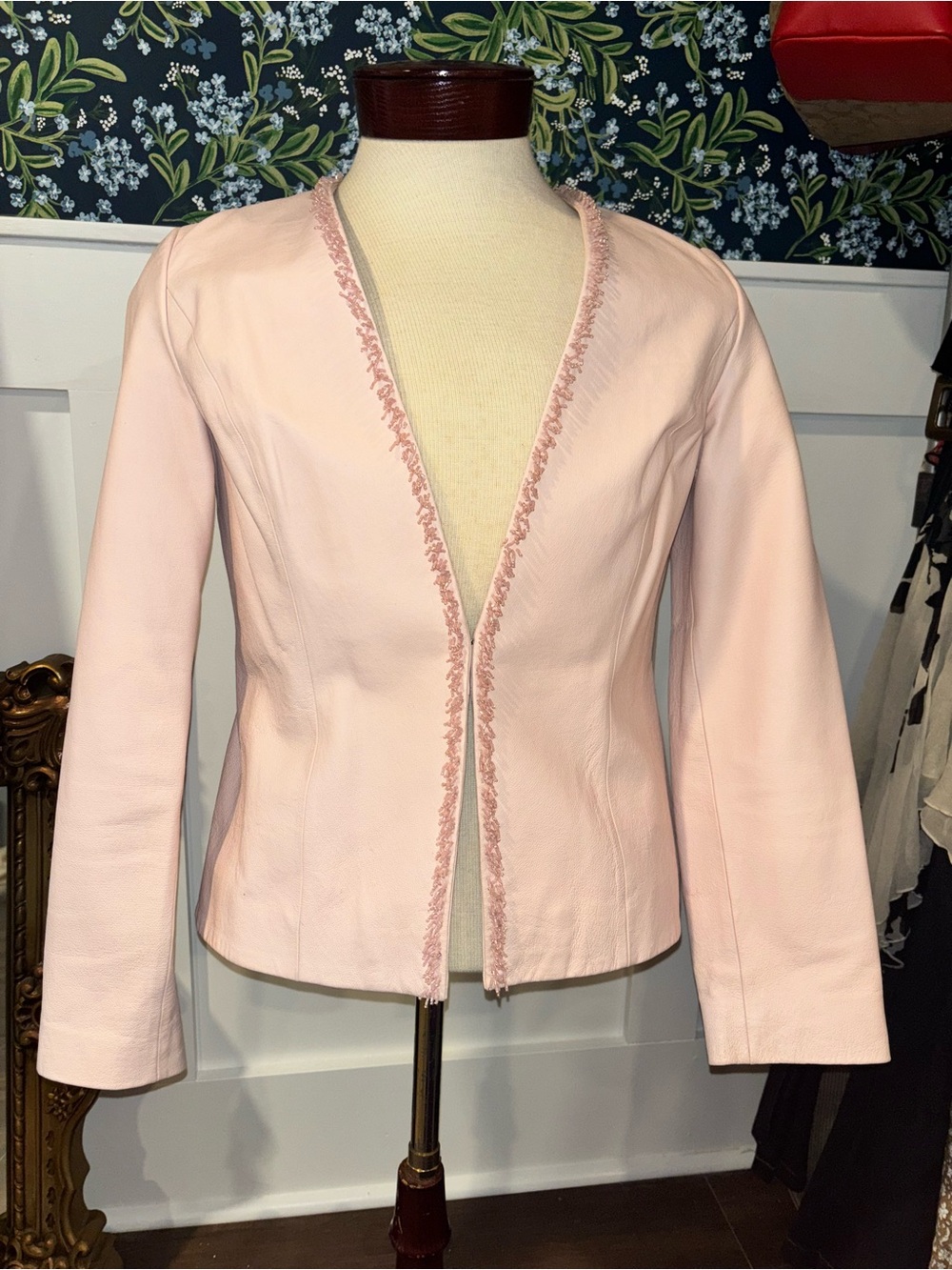 Y2K Rare Russell Kemp Pink Glass Beaded 100% Leather Blazer Jacket Women Size 10